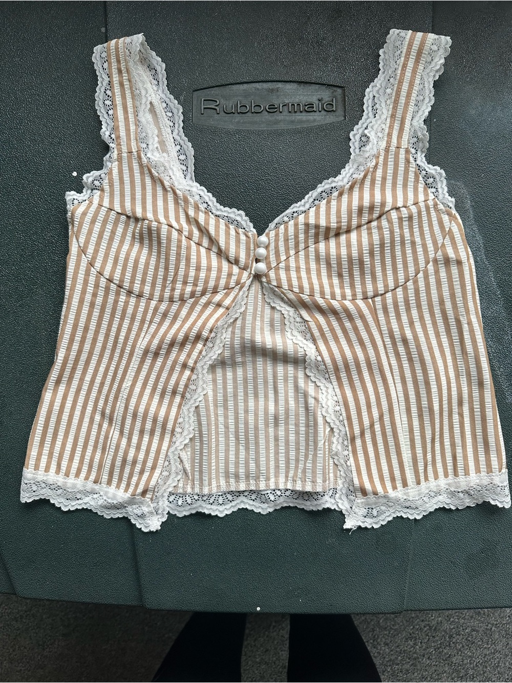 SHEIN Beige and White Striped Lace-Trim Crop Tank